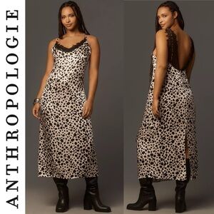 NWT By Anthropologie V-Neck Open Back Slip Midi Dress Black & White Pattern L